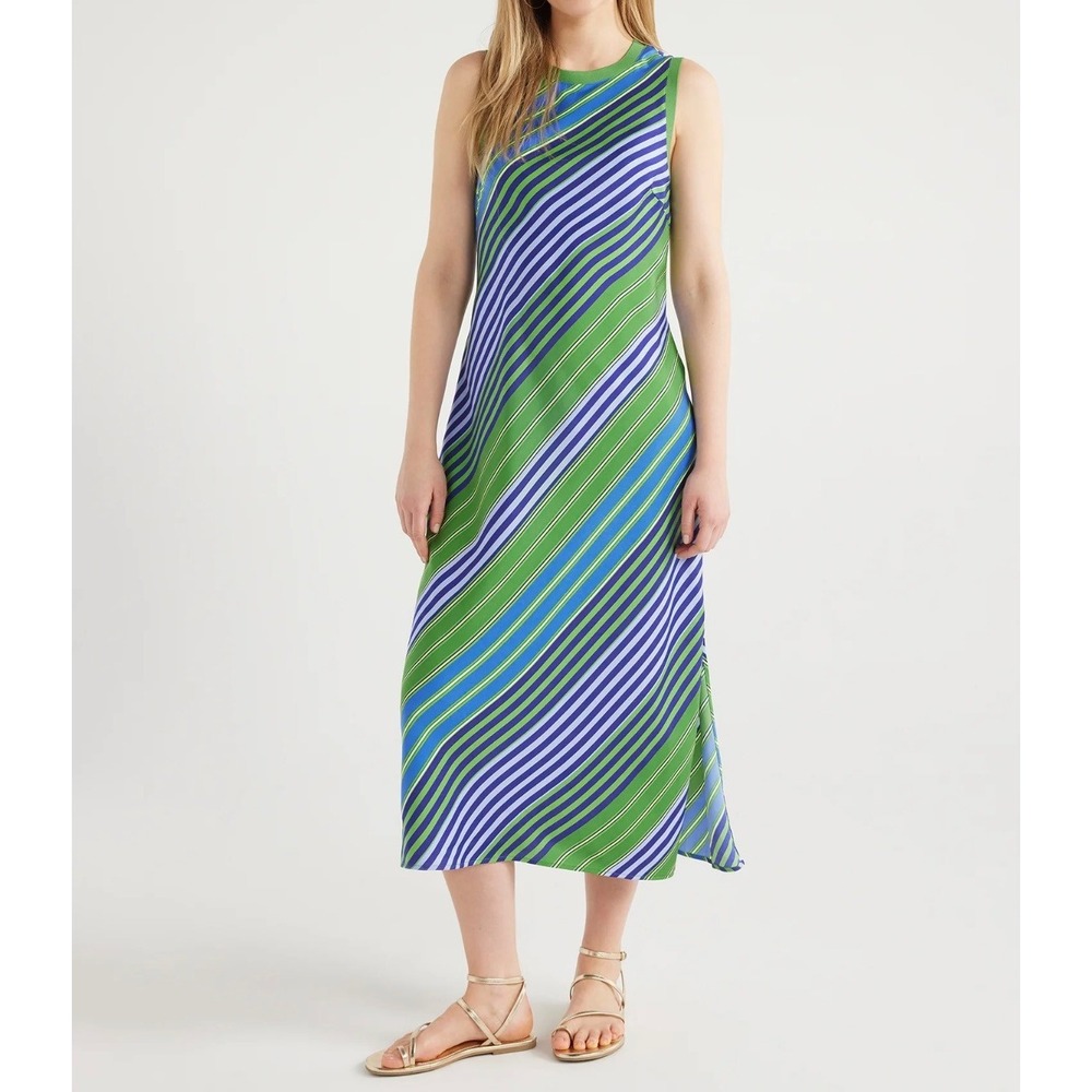 Scoop Maxi Dress Medium Green Blue Striped Sleeveless